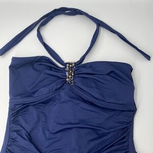 Lauren Ralph Lauren Navy Blue Tie Neck one piece swimsuit Sweetheart Neckline 10